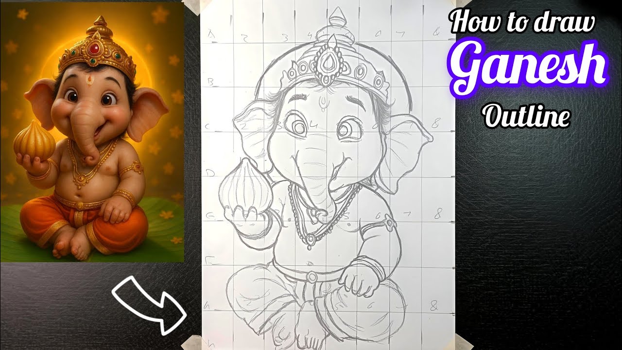 Ganesh outline drawing ☺️🥰|| drawing tutorial || easy method 🤗|| ganapati drawing || grid method 🥰||