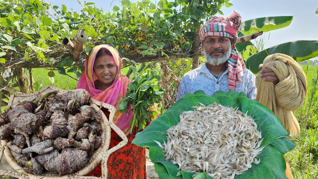বন্য কচুর মুখি ক্ষেতের তাজা পুঁইশাক দিয়ে পুকুরের দেশী চিংড়ি মাছ রান্না রেসিপি Taro Root Shrimp Curry