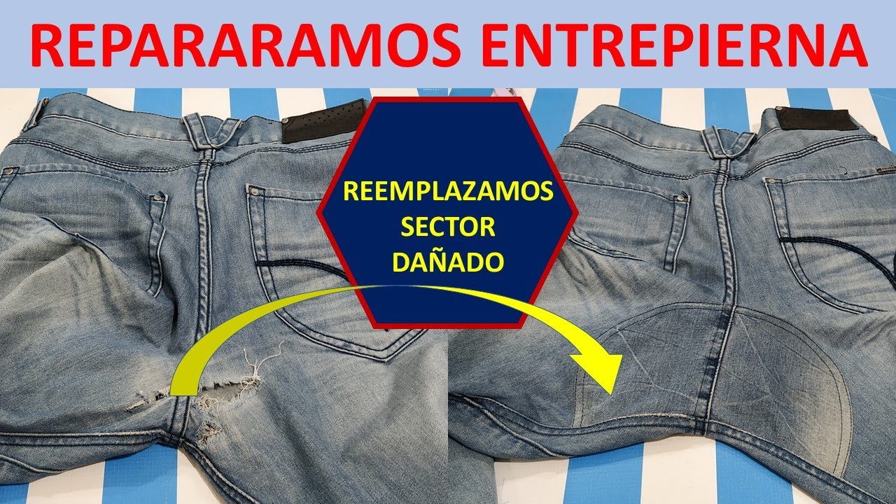 de pantalón de jean (mezclilla) cambiando la parte dañada. -