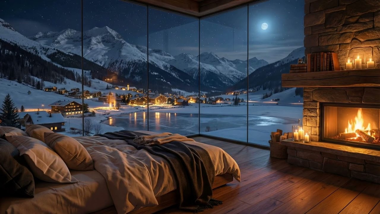 Cozy Alpine Cabin Night ❄️🔥 Snowy Lake & Fireplace Ambience | Winter Relaxation