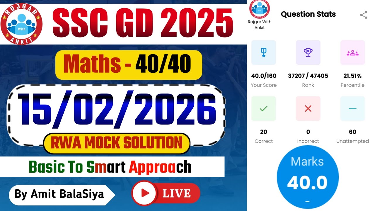 Rojgar With Ankit SSC Gd : 15 February Weekly Mock Test Math Solution | 15-02-2026