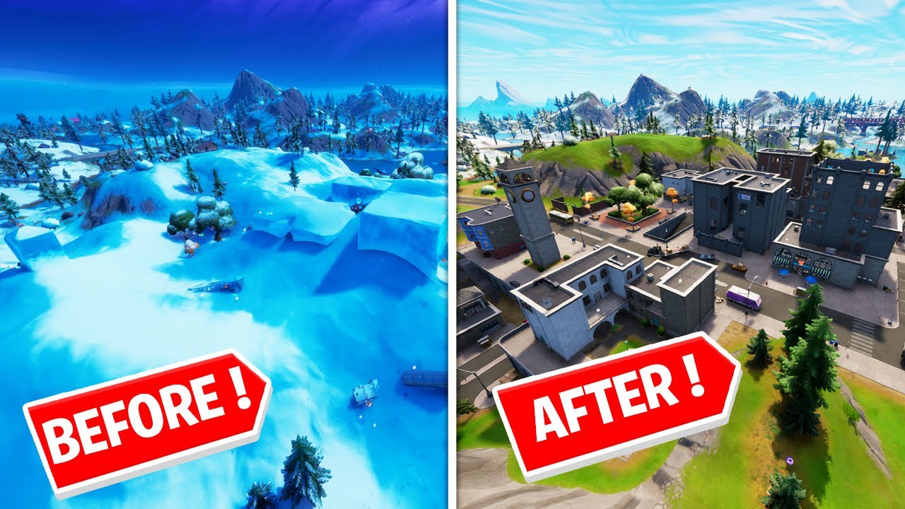 *NEW* Fortnite Tilted Towers Transition (BEFORE vs AFTER) Snow Melt (Map Update)