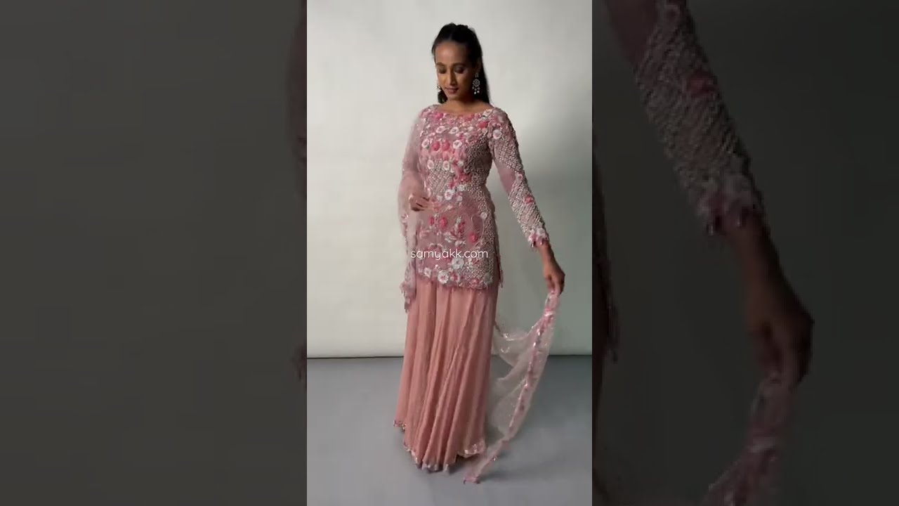 Peach Sequins Embroidered Net Palazzo Suit - SL1607