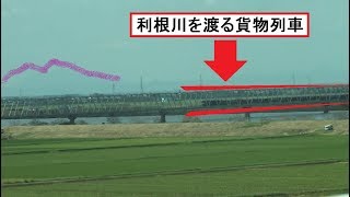 鹿島線の長大な利根川鉄橋を渡る貨物列車が見える東関東自動車道からの車窓