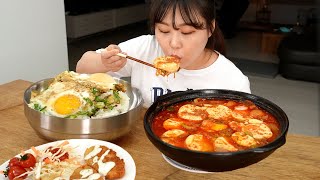 Soft tofu stew with canned tuna🍲Fish cutlets, Rice topped with eggs and soy sauce Mukbang