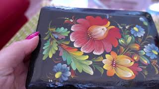 Vintage Black Lacquer Trinket Box Floral Design Hand Painted USSR 1970