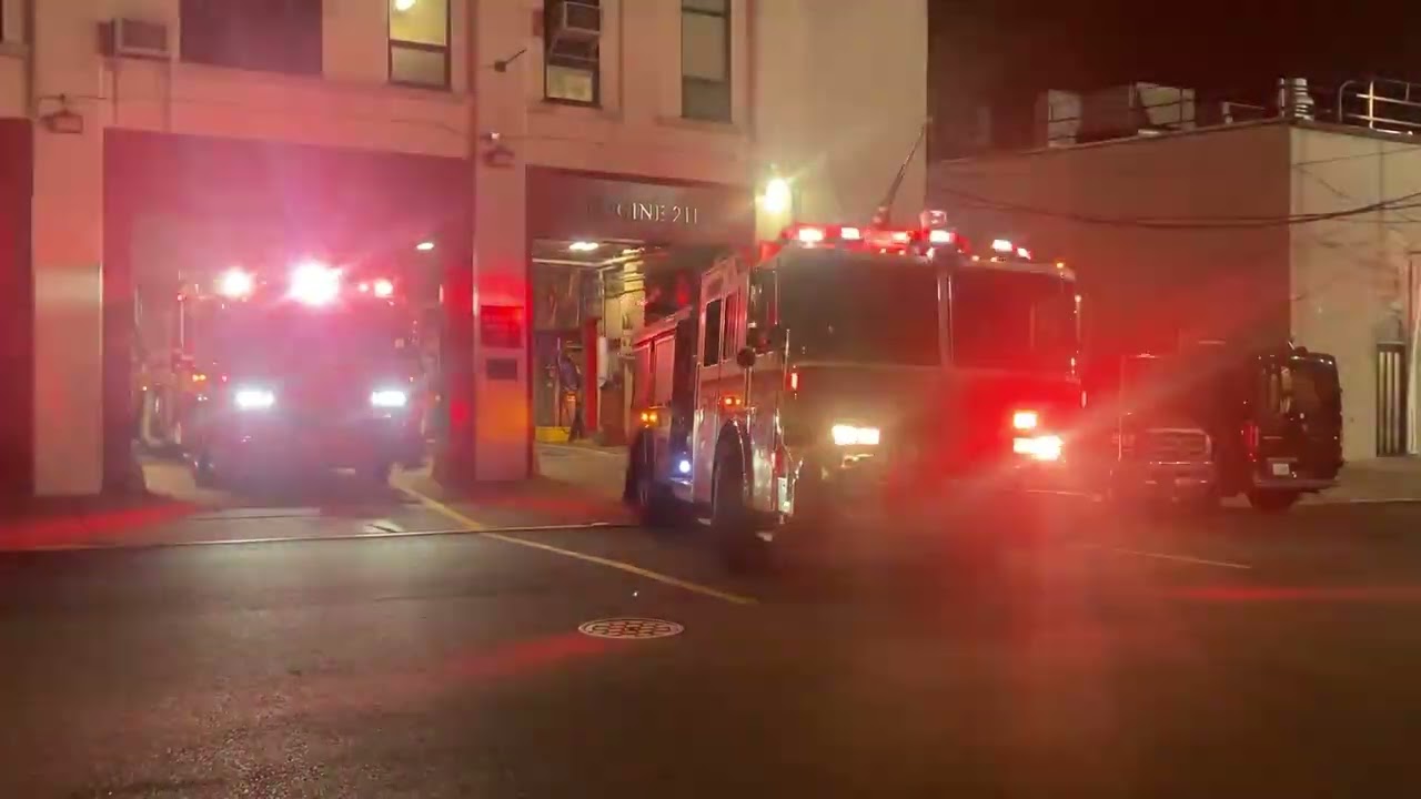 FDNY brand new tower ladder 119 and engine 211 responding to an oven fire