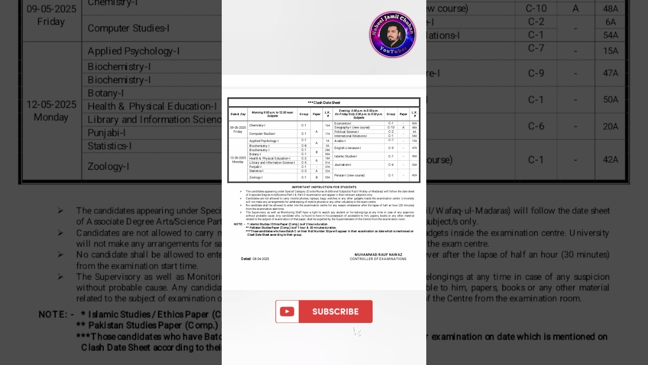 B.A Part 1 Date sheet 2025 | Date sheet B.A 2025