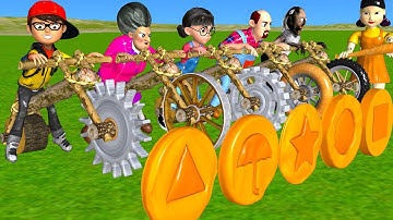 Scary Teacher 3D vs Squid Game Driving Wooden Bikes vs HoneyComb Candy Shapes 5 Times Challenge