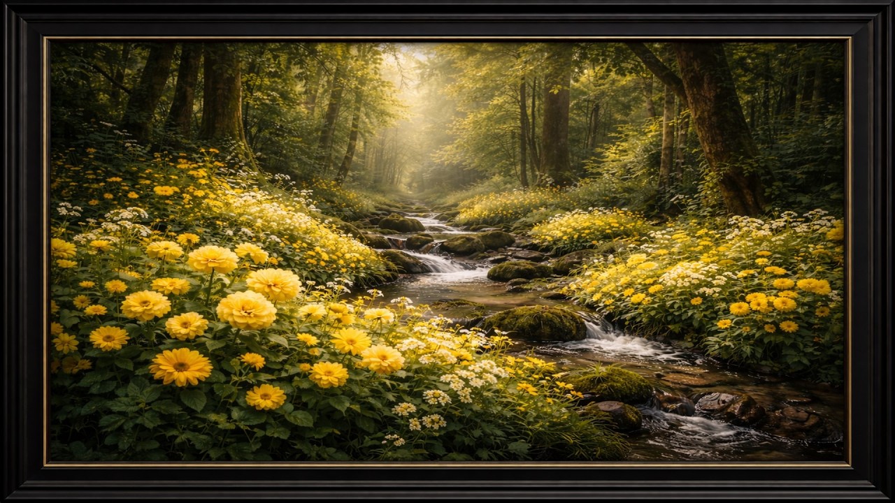 Sunlit Forest Stream 🌼 Luxury Framed Nature Art for TV | Timeless Calm Gallery