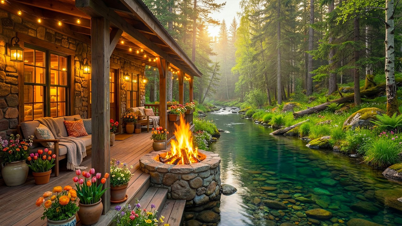 Cozy Spring Forest Riverside Cabin Porch 🔥🌿 Relaxing Campfire & Crystal Clear River for Relaxation