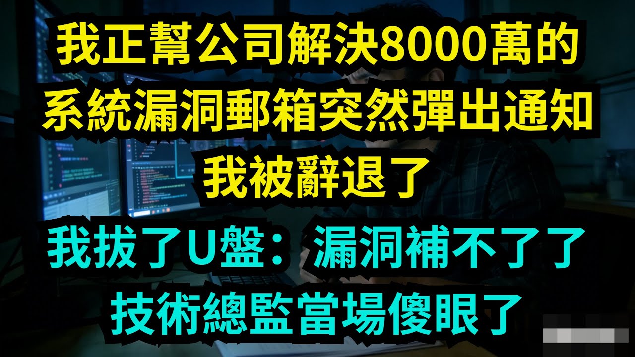 我正幫公司解決8000萬的系統漏洞，郵箱突然彈出通知，我被辭退了。我拔了U盤：漏洞補不了了！技術總監當場傻眼【奇聞秘事】#奇聞#秘事#故事 #职场 #职场故事 #奖金