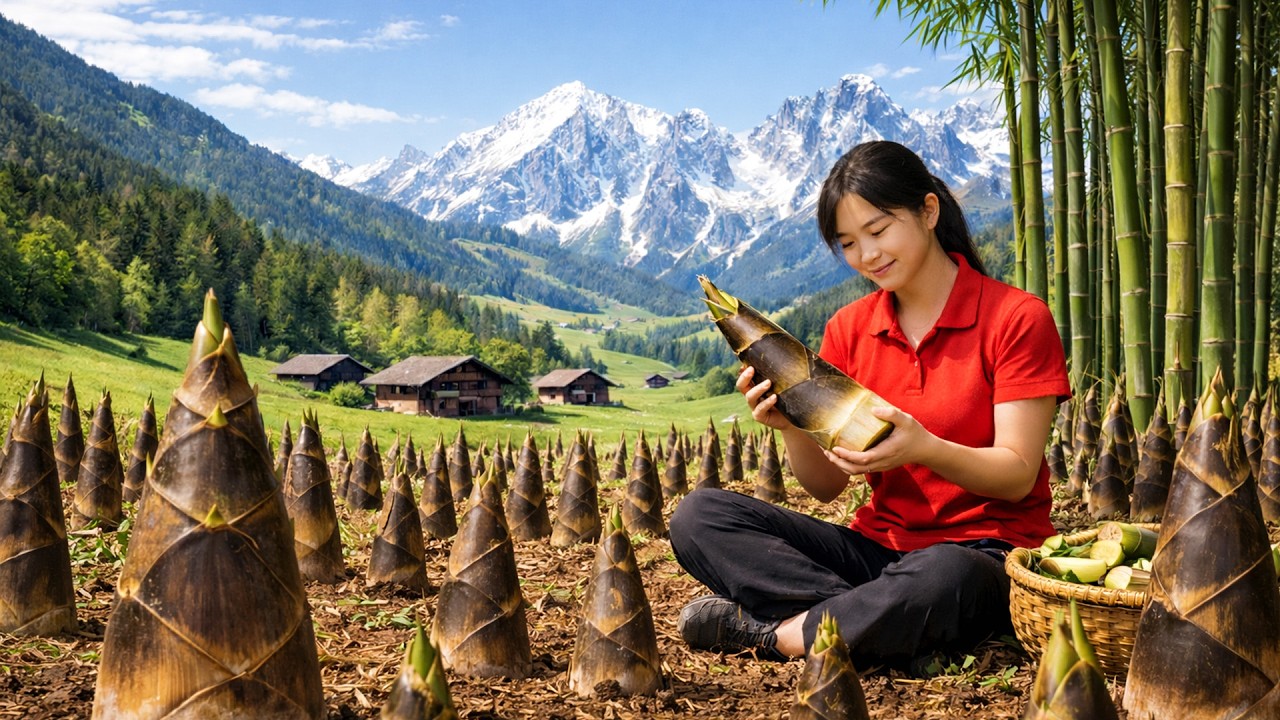 Cosecha de los primeros brotes de bambú de la temporada para el mercado y una comida acogedora