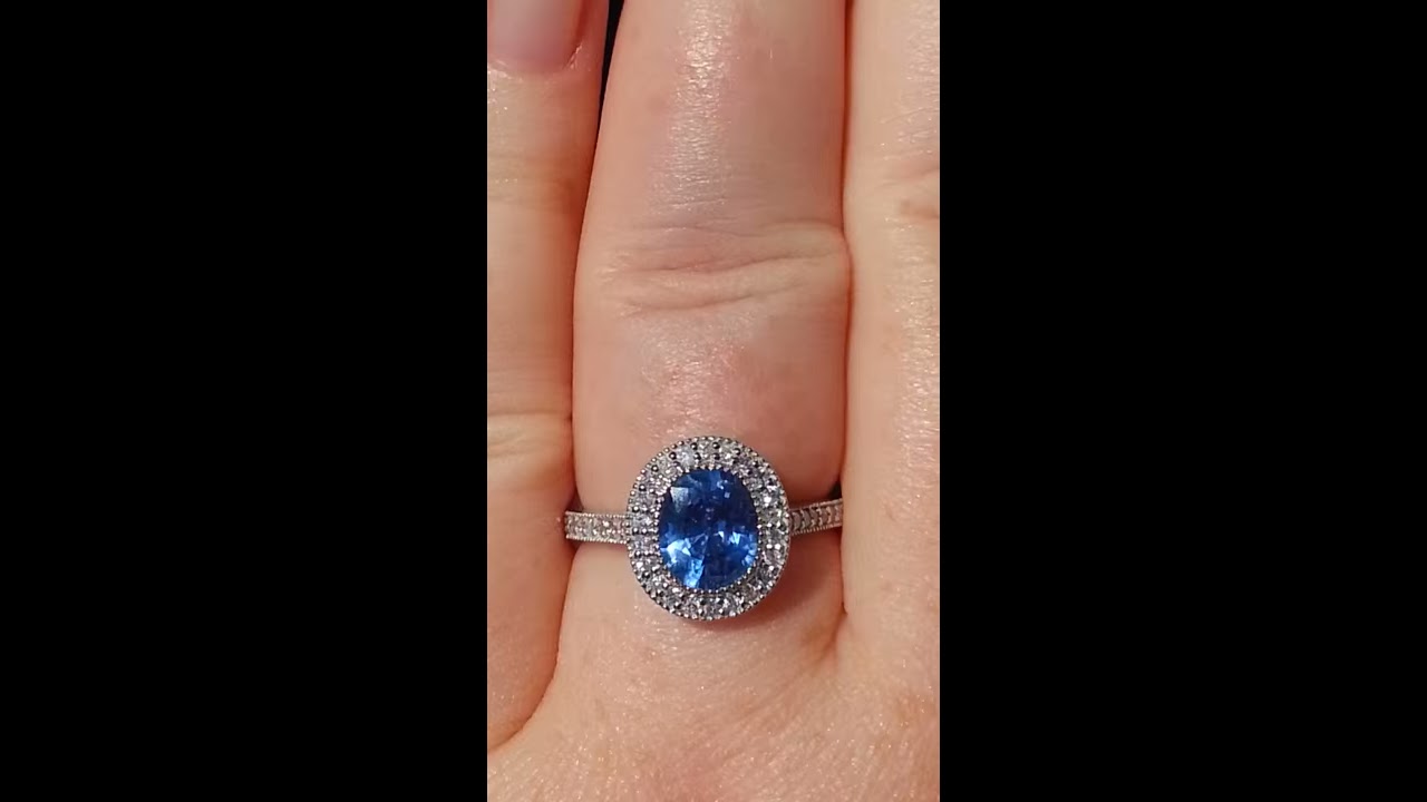 1 73 Carat Cornflower Blue Sapphire In White Gold Milgrain Bezel Diamond Halo Engagement Ring