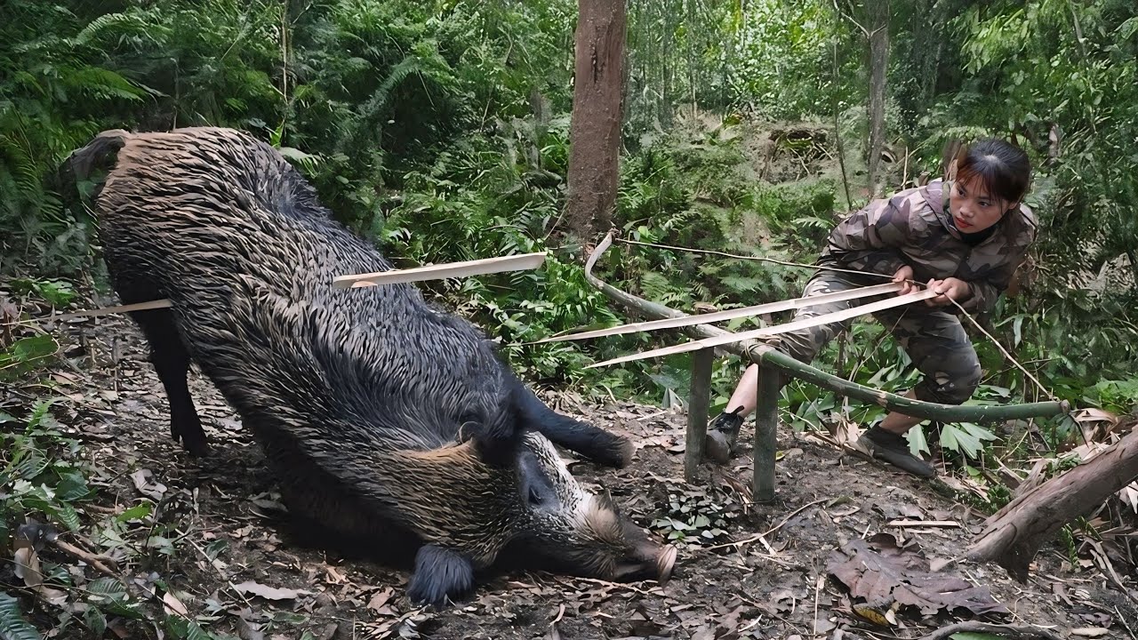 wild boar detection,làm bẫy bằng cung tên, bẫy lợn rừng, sinh tồn trong tự nhiên một mình