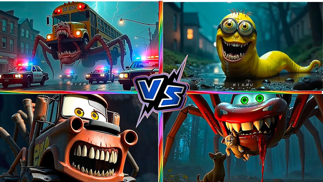 School Bus Monster VS McQueen VS Mater Monster VS Minion Monster Tiles Hop EDM Rush N2