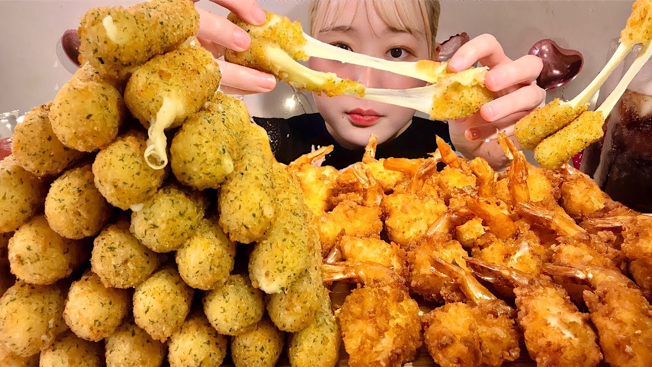 ASMR палочки из моцареллы жареные креветки【русские субтитры】【Mukbang/ Eating Sounds】