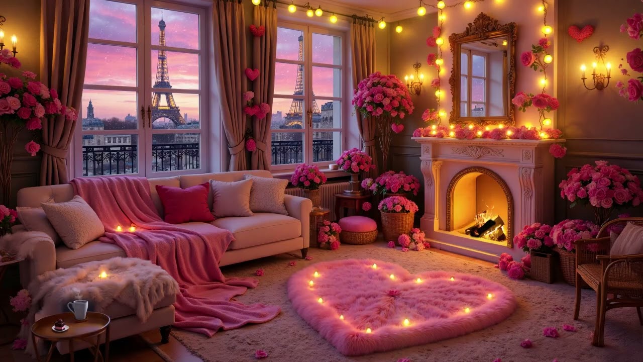 Cozy Pink Room Ambience 💟 Romantic Jazz & Crackling Fireplace for a Dreamy Valentine’s Day 🔥