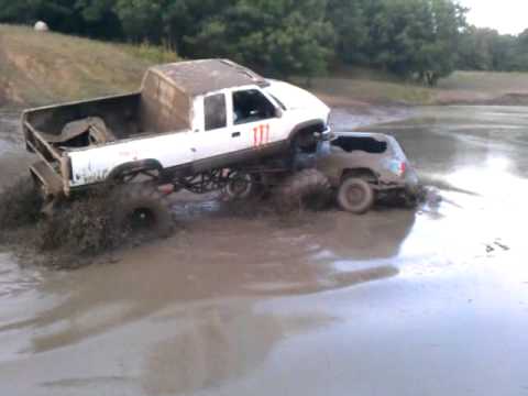 The Monster mud truck tips over while crushing an old Blazer at Eagle Mountain 2011