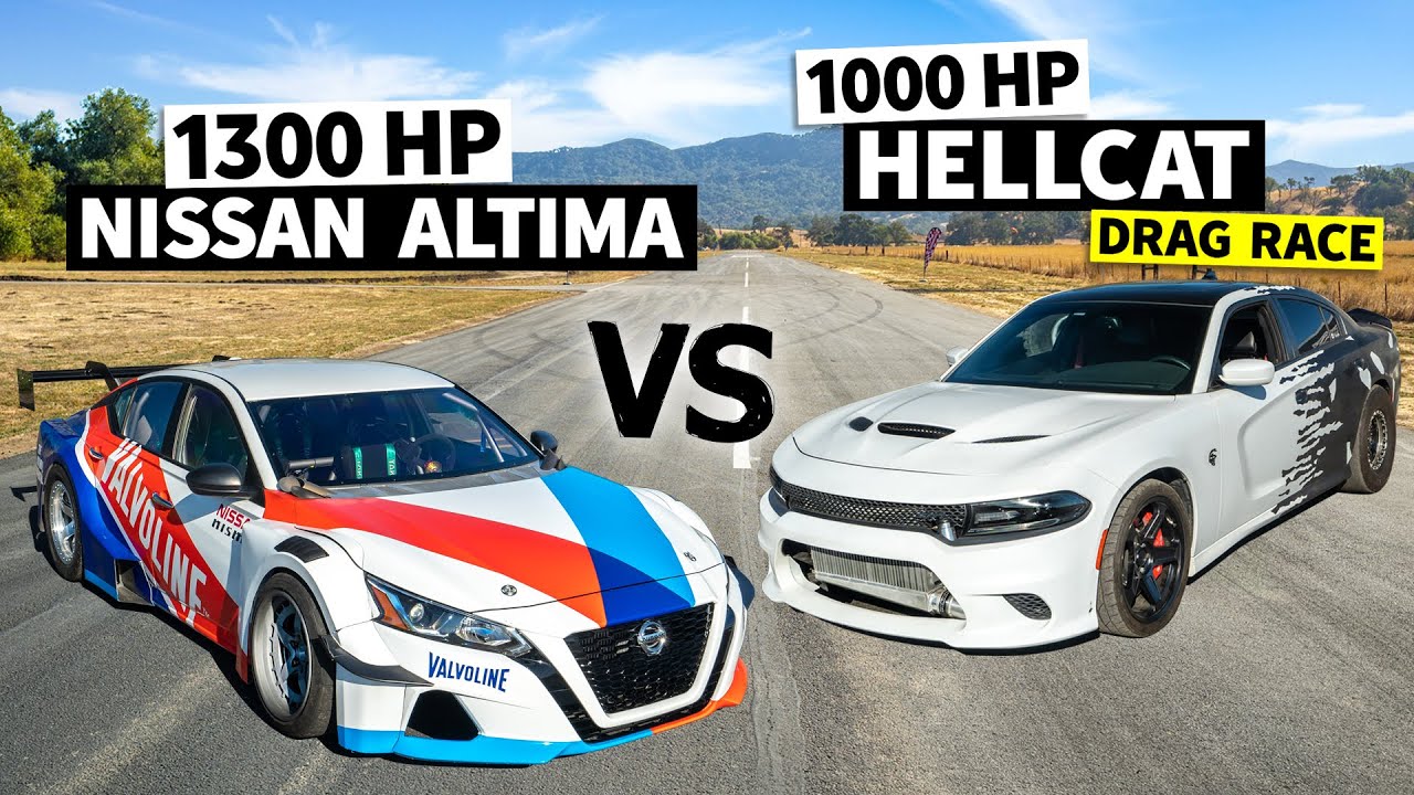 ⁣1,300hp Altima Drift Car Races a Twin Turbo, 1000hp Hellcat // THIS vs THAT