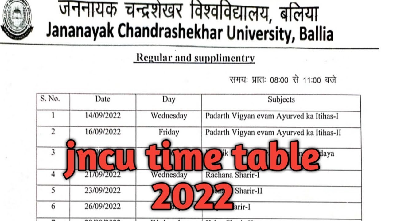 jncu time table 2022-23/jncu bams time table 2022/jncu bams 1st/2nd/3rd year time table 2022.