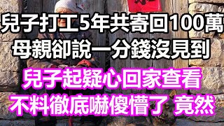 兒子打工5年共寄回100萬，母親卻說一分錢沒見到，兒子起疑心回家查看，不料徹底嚇傻懵了，竟然...#淺談人生#民間故事#為人處世#生活經驗#情感故事#養老#花開富貴#深夜淺讀#幸福人生#中年#老年