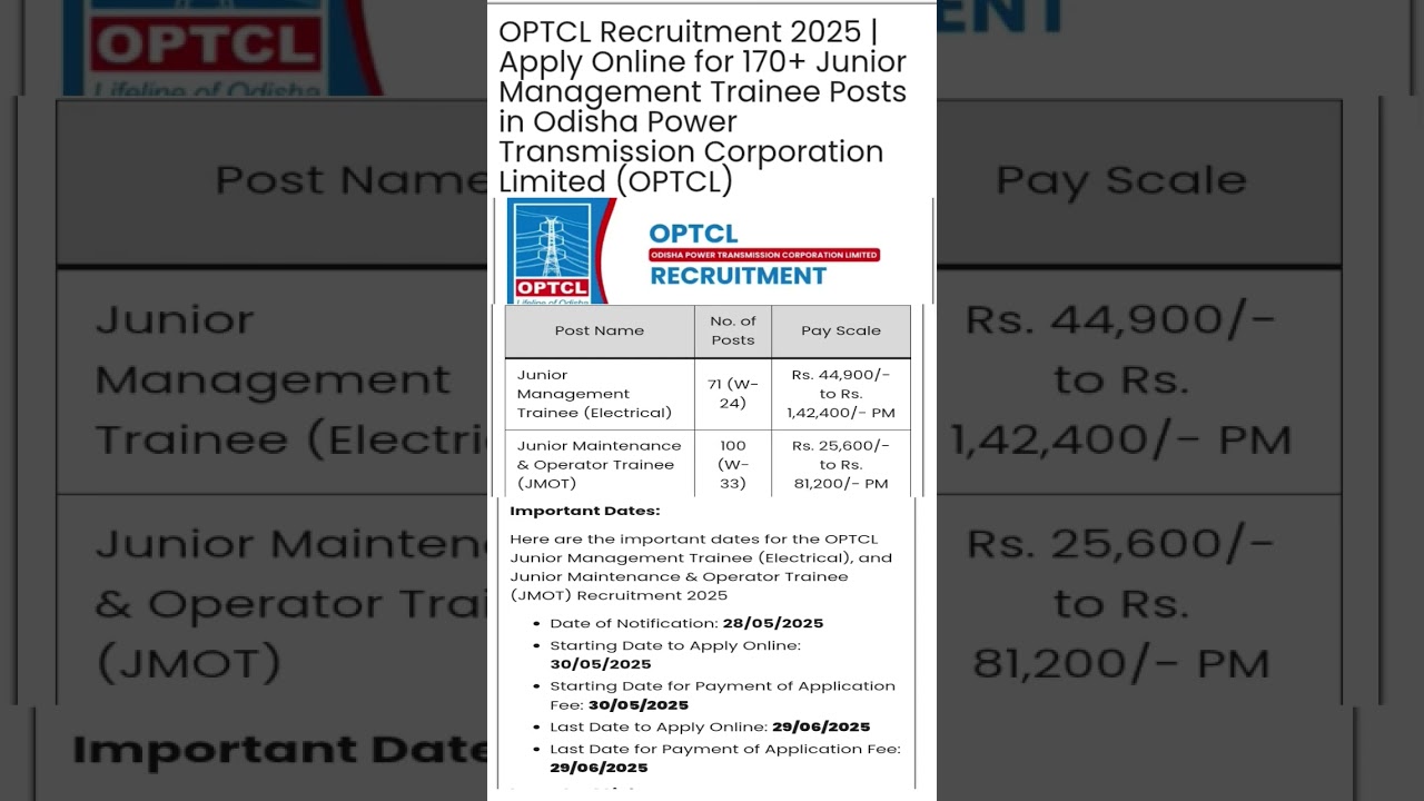 OPTCL Recruitment 2025|OPTCL Junior Management Trainee Recruitment 2025 