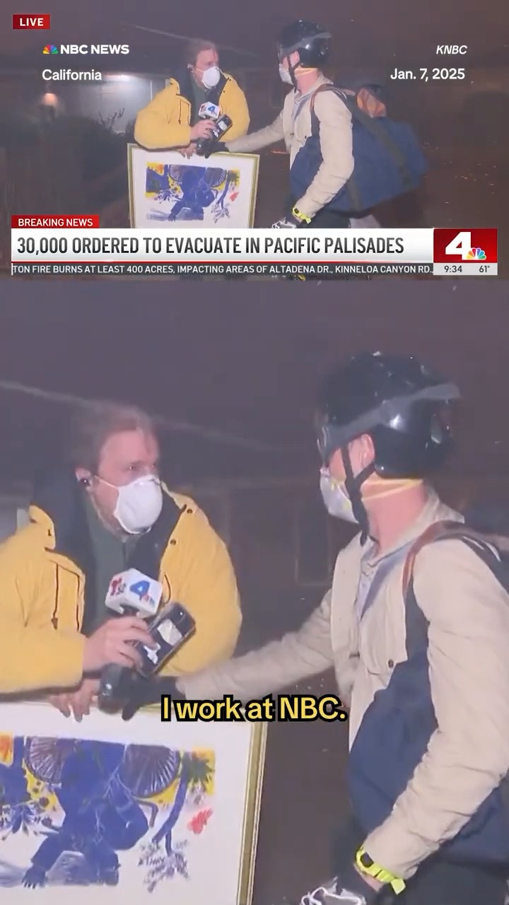 Reporter holds paintings for California resident evacuation from fire