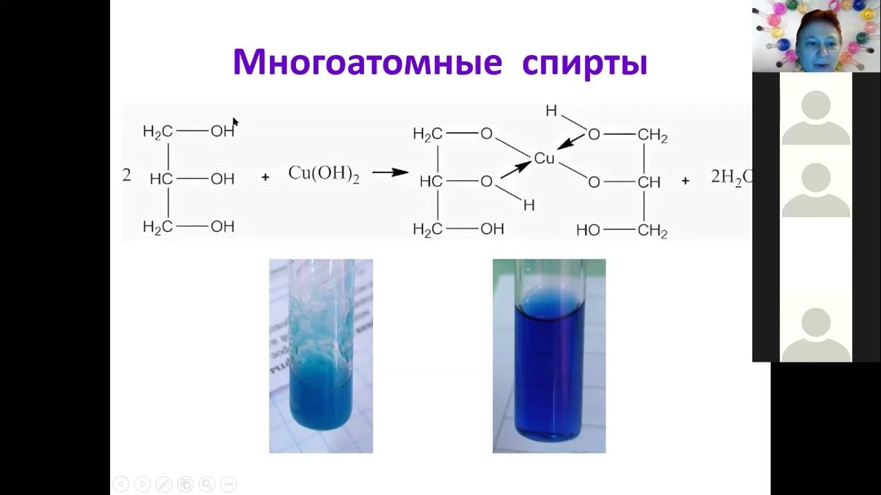 Реакция многоатомных спиртов с гидроксидом меди. Горение многоатомных спиртов.