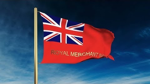 4K Royal Merchant Navy flag slider style with title. Waving in the wind with cloud background