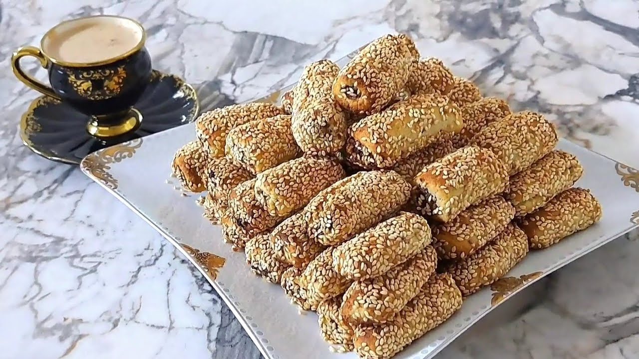 ألذ وصفة  اصابع التمر بالسمسم هشة وخفيفة