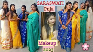4 Saraswati Puja Makeup 2023|Simple Easy Makeup For Beginners| White,Yellow,Blue,Green Saree Look
