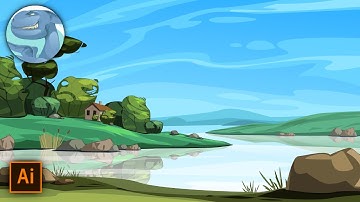 Landscape with a river. Adobe Illustrator vector art. Time lapse video.