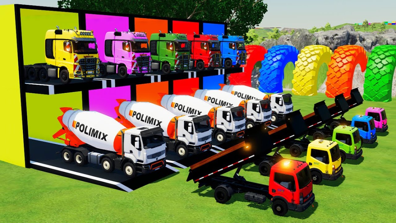 TRANSPORTING ALL COLORFUL POLIMIX MIXER TRUCK,NISSAN DUMP TRUCK TO GARAGE WITH FLATBED TRAILER TRUCK