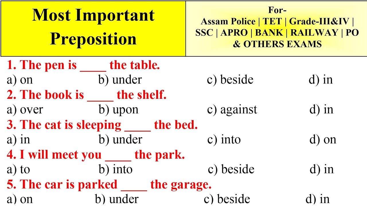 English Grammar Preposition Assam Police TET APRO SSC