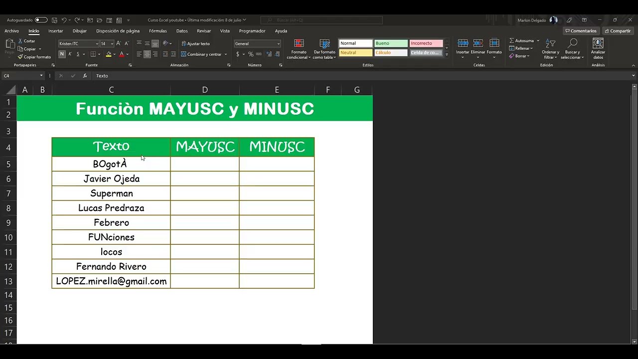 Cómo usar las funciones MAYUSC y MINUSC en Excel - YouTube