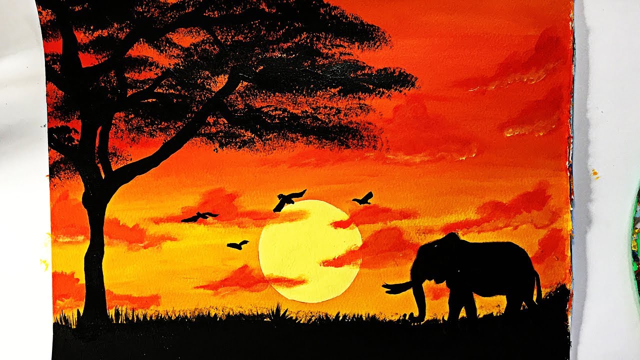 Como Pintar Un Atardecer Africano Con Elefante Youtube