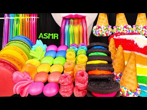 ASMR RAINBOW FOODS *UNICORN HORNS, JELLY NOODLES, OREO COOKIES 레인보우 <strong>뿔</strong>, 젤리국수 먹방 MUKBANG