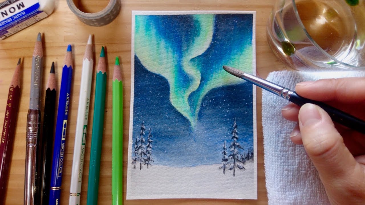 水彩色鉛筆 オーロラの描き方 How To Paint Northern Lights With Watercolor Pencils Youtube