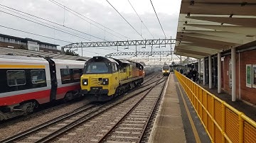 Colas Rail GE Powerhaul Class 70 70806 speeds past Colchester light engine from Manningtree to Acton