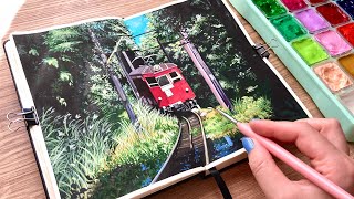 Train Landscape Painting With Jelly Gouache / Paint With Me 🌿
