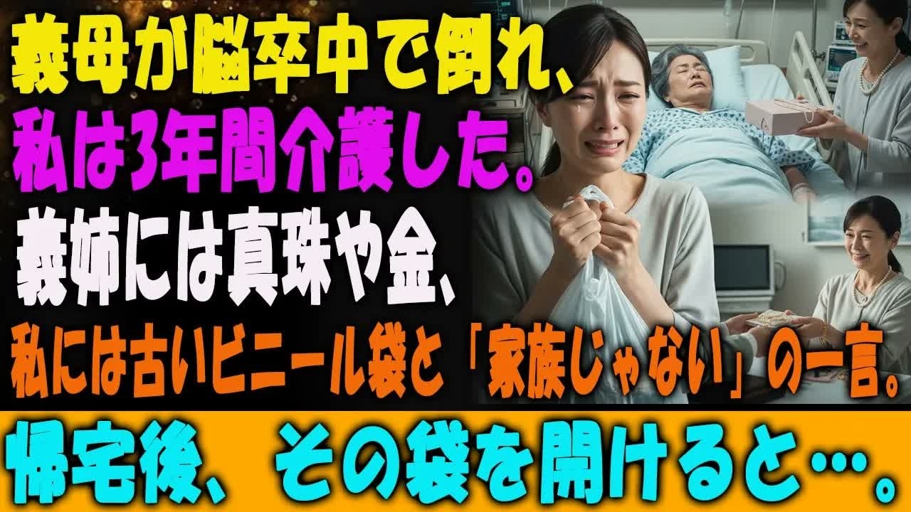 夫が事故で亡くなり、脳卒中で倒れた義母を3年間、身も心もすり減らして介護した。なのに、義母が亡くなった途端、義姉は弁護士を連れてきて私を追い出した。「あんたは血のつながらない赤の他人でしょう。財産は長女の私が全部いただくわ。ほら、あんたにはこれ、その薄汚い袋でも持って出ていきなさい」そう言って投げつけてきたのは、くしゃくしゃのスーパーのビニール袋だった。悔しさと虚しさで涙が止まらない。でも、...