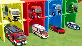 TRANSPORT OF COLORS ! FIRE DEPARMENT , AMBULANCE , SPORTS CAR , POLICE CARS TRANSPORT with TRUCKS
