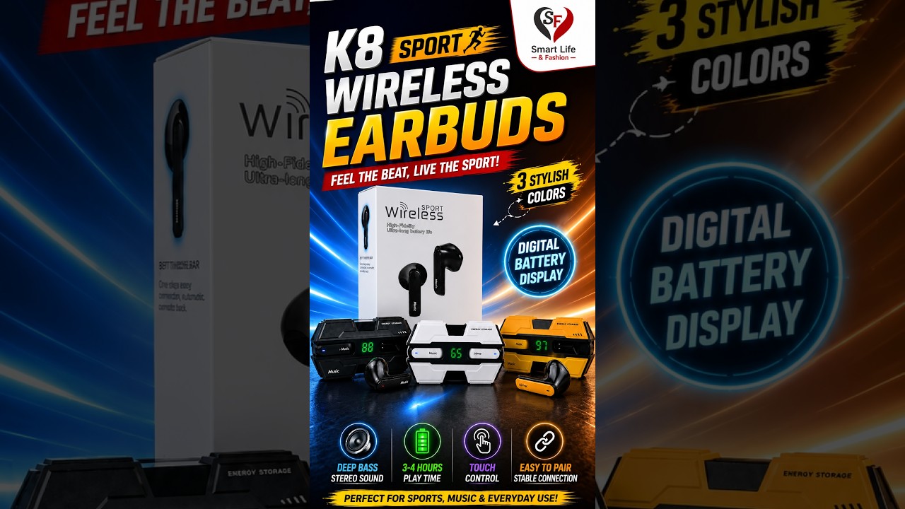 K8 Sport Wireless Earbuds – Digital Battery Display