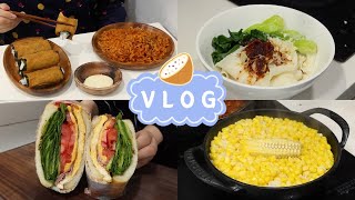 ENG) VLOG | 자취생 브이로그 🌶파기름 부어먹는 매콤한 유발면, 🌽초당옥수수 솥밥, 트러플 펜네파스타, 김치 두루치기 만들어먹는 자취 일상