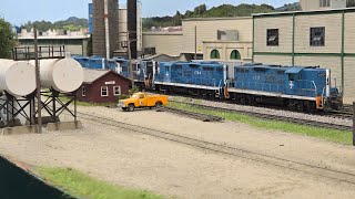 Boston & Maine geeps lead CP Train 904 southbound at Orleans, VT.