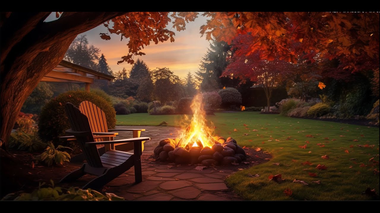 COZY FALL EVENING by the Firepit 🍂 Warm Sunset & Bonfire Sounds to Relax, Sleep | 10 Hours 4K