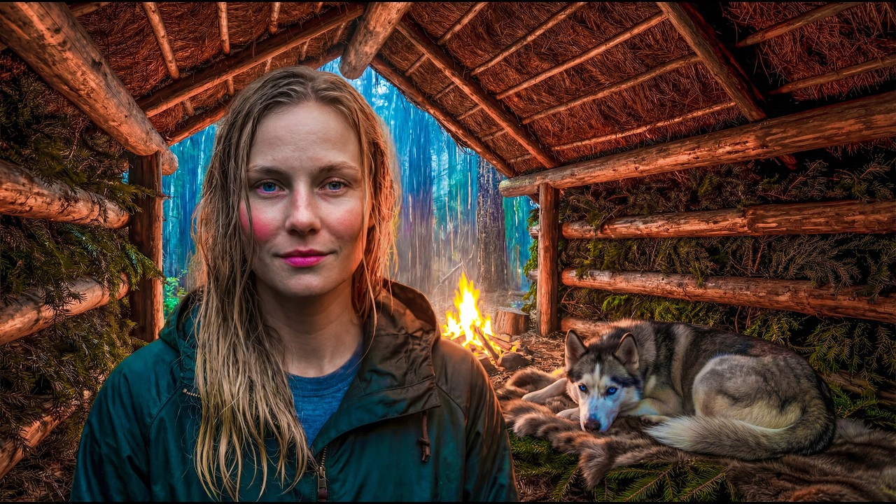 Caught in a RAINSTORM — She Built a Shelter From Scratch — Solo Girl bushcraft & Husky ASMR