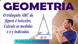 How to calculate the measure of angles x and y in the isosceles triangle ABC in the figure.