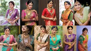 BEAUTIFUL KANCHEEPURAM SILK SAREES WITH CONTRAST BLOUSE WITH JEWELLERY IDEAS, SAREES WITH JEWELLERY screenshot 4
